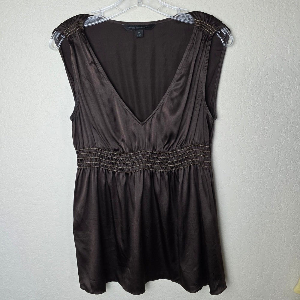 Y2K Express Design Studio Brown Silk Blend Smocked Empire Waist V-Neck Top M